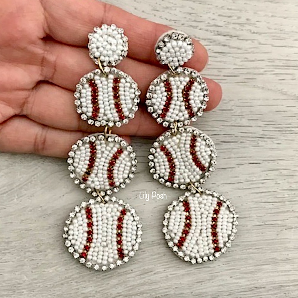 Beaded Baseball Earring, Long Beaded Game Day Earring - Picture 4 of 4